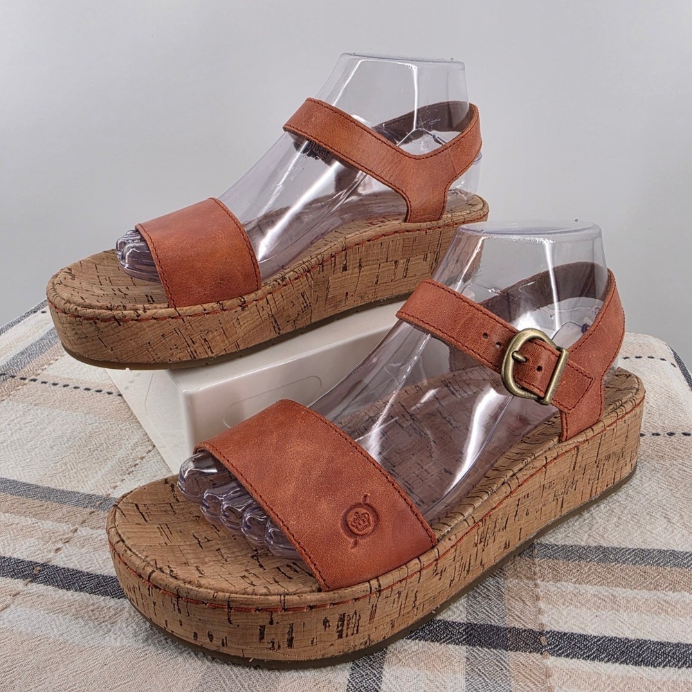 B.O.C. Born Leather Platform Wedge Sandals Coral Tan Cork Ankle Strap Women's 7M